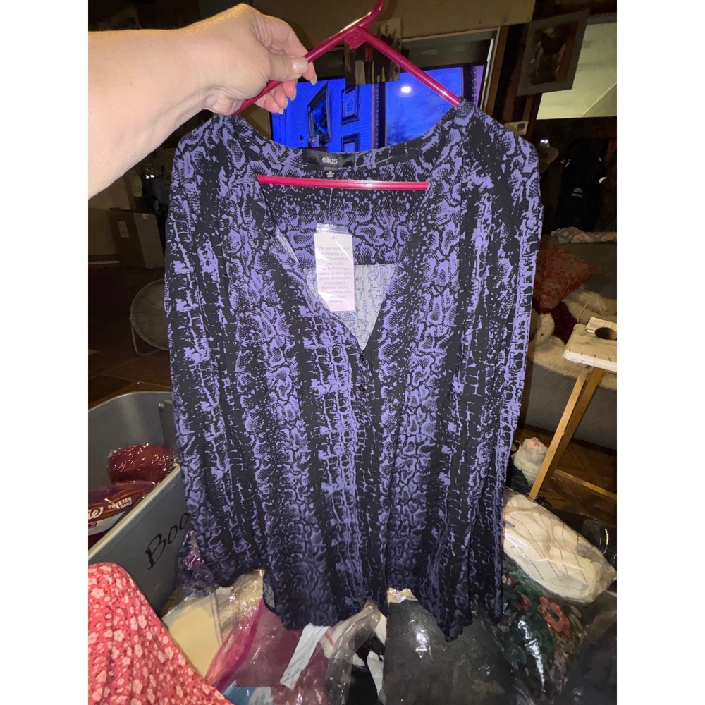 Ellos Women Purple Black Snakeskin Print V-Neck Button Front Blouse Top 4X NEW